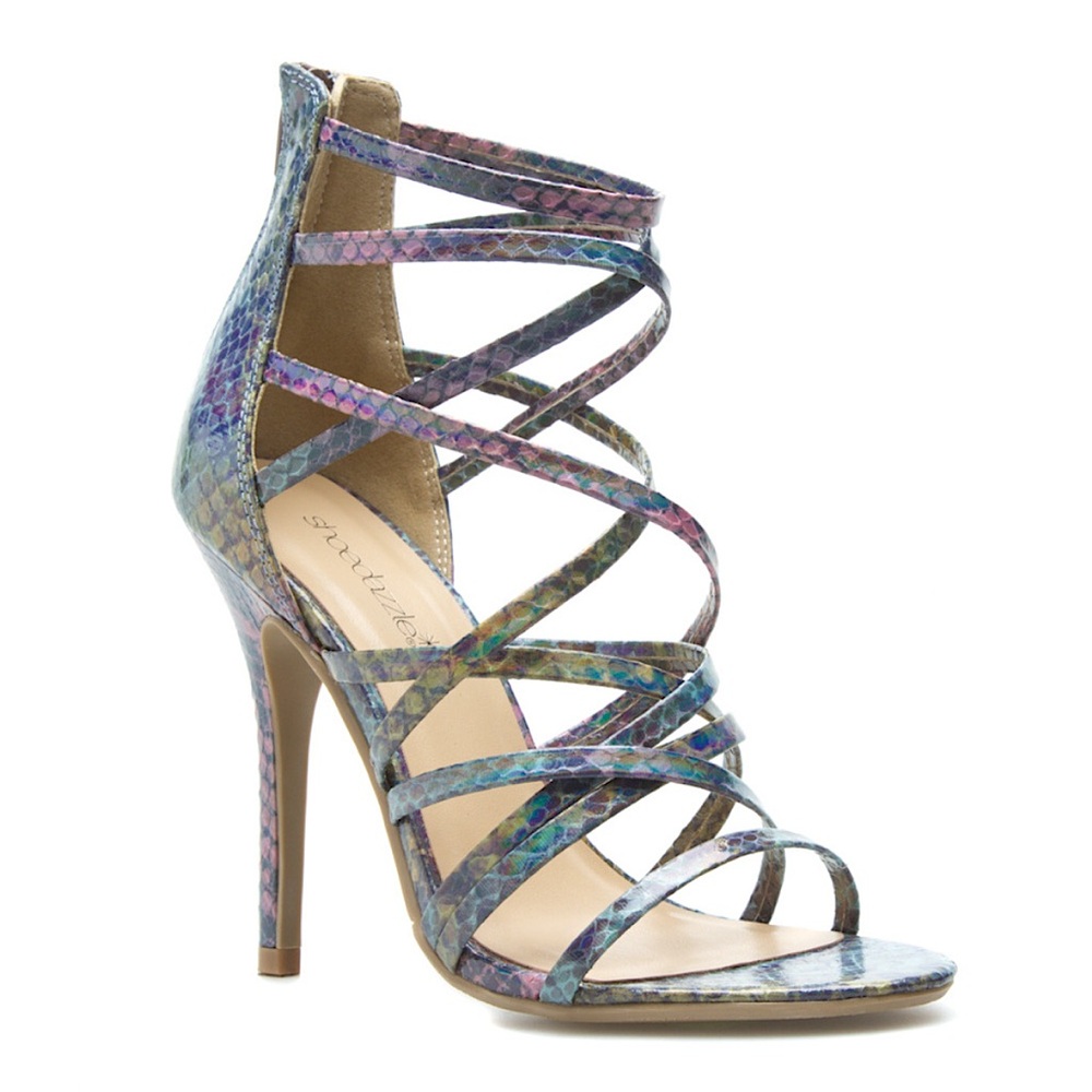 NEW ShoeDazzle Metallic Snake Print Sandals Stiletto Heels Size 8.5